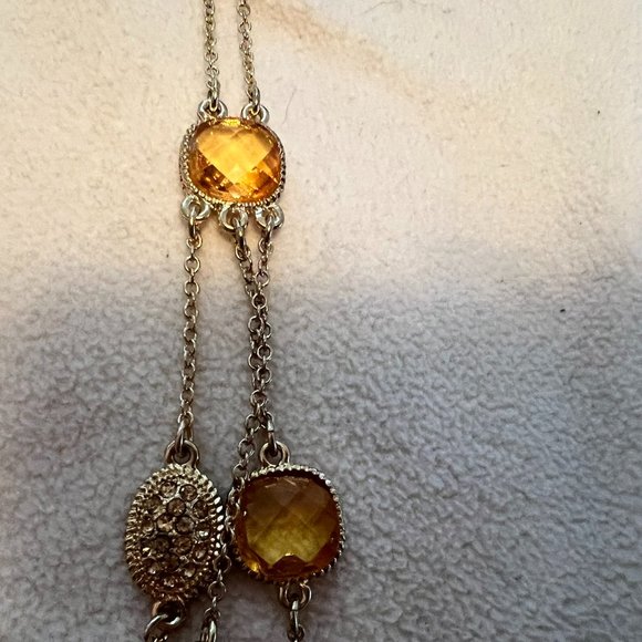 Gold Tone Multi-Row Necklace with Yellow/Gold Stones & Medallions - 15-17 inches - Picture 2 of 3